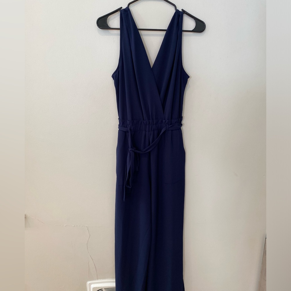 Navy jumpsuit with tie waist